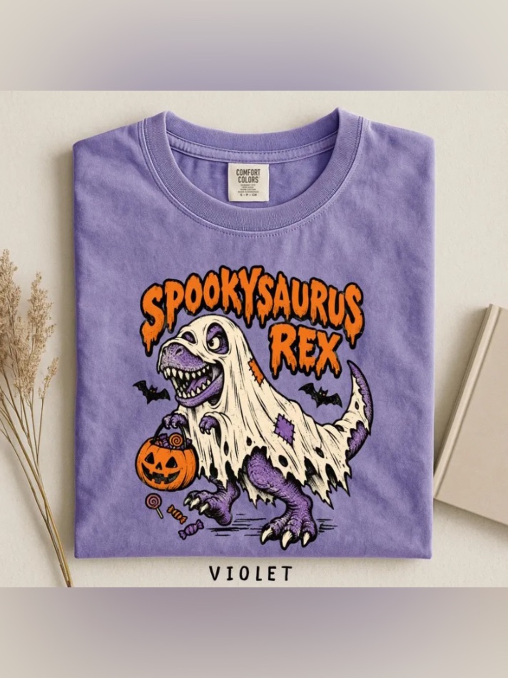 Spooky Saurus Rex Comfort Colors Tee, Ghost Dinosaur Trick or Treat Top